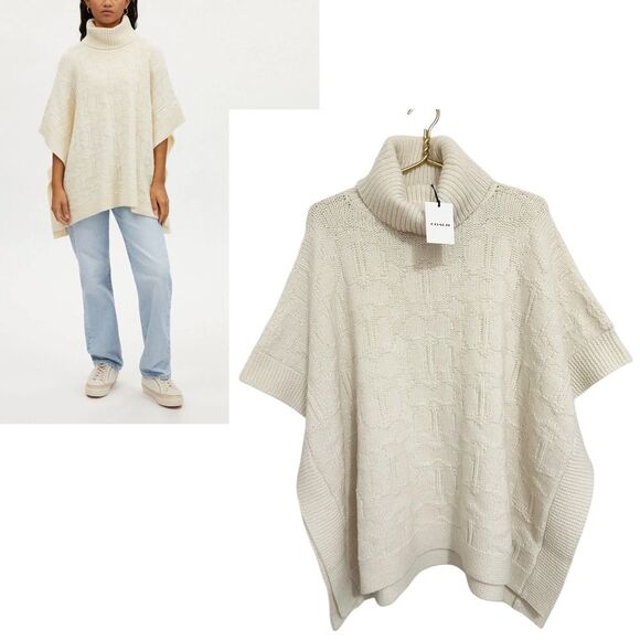 COACH NWT Ivory Signature Knit Turtleneck Wool Blend Poncho Sweater - Picture 3 of 16